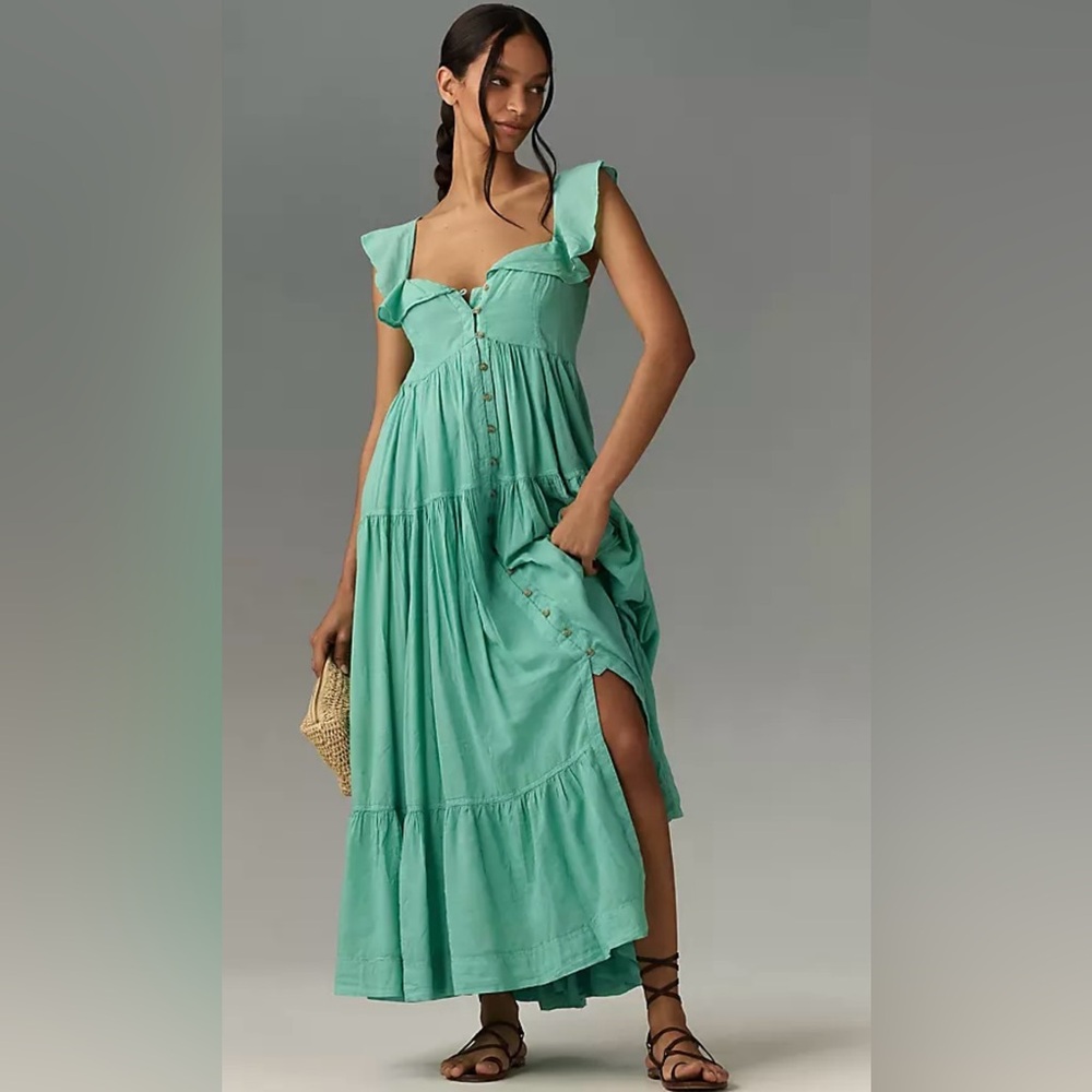 Anthropologie Pilcro Flutter-Sleeved Tiered Midi / Maxi Dress in Turquoise